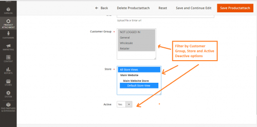 filters like active/deactive, customer groups or stores